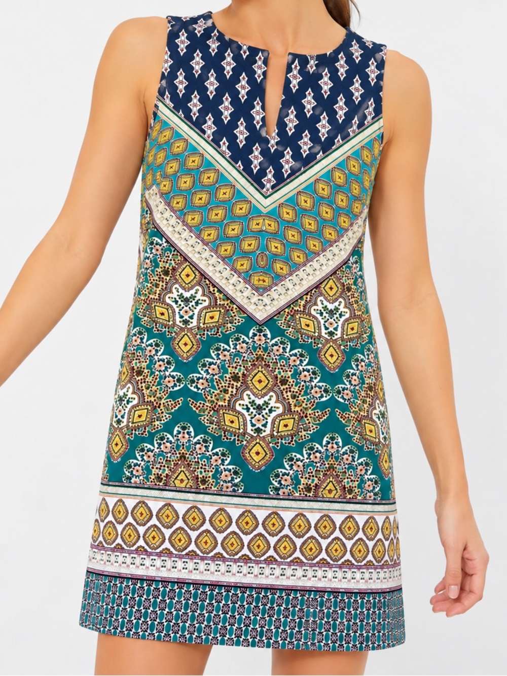 Nine West Sleeveless Shift Dress Size 10 Boho Medallion Print Textured Sheath